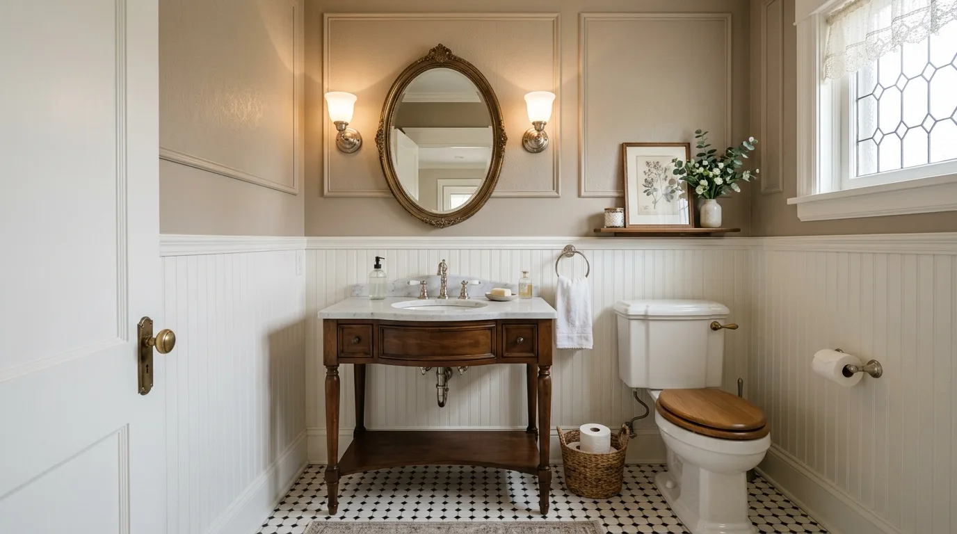 Keep the palette elegant and more controlled than busy inspiration for a powder room.